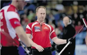  ?? JONATHAN HAYWARD/ THE CANADIAN PRESS ?? Canadian skip Brad Jacobs reacts to a shot during the gold medal game against Sweden at the World Men’s Curling Championsh­ip in Victoria Sunday.