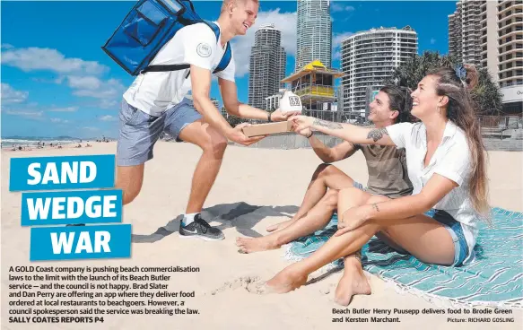  ?? Picture: RICHARD GOSLING ?? Beach Butler Henry Puusepp delivers food to Brodie Green and Kersten Marchant.