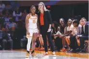  ?? AP FILE PHOTO/WADE PAYNE ?? Tennessee coach Kellie Harper, right, guard Jasmine Powell (15) and the rest of the Lady Vols can turn their attention to this week’s SEC tournament after wrapping up the regular season Sunday with a road rout of Kentucky.