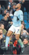  ?? Picture: Getty. ?? Raheem Sterling jumps for joy after netting an injury-time winner for Manchester City against Southampto­n last night.