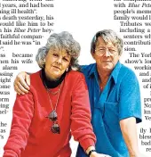  ??  ?? Right, John Noakes with Shep during his Blue Peter heyday. Top, with fellow presenters Peter Purves and Lesley Judd in 1977; with his wife, Vicky, in 1992, below