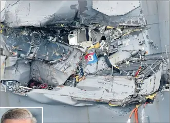  ??  ?? Damage to the USS Fitzgerald is revealed as it is towed into port in Japan yesterday. Above, Vice Admiral Joseph Aucoin who said it could be a year till the ship sails again
