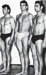  ??  ?? Body builder: Sean Connery (centre) competing for Mr Universe in 1953