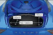  ??  ?? ALPINE A110 330mm 960-1060mm Boot 100 litres (r), 96 litres (f) Suitcases 1 190mm