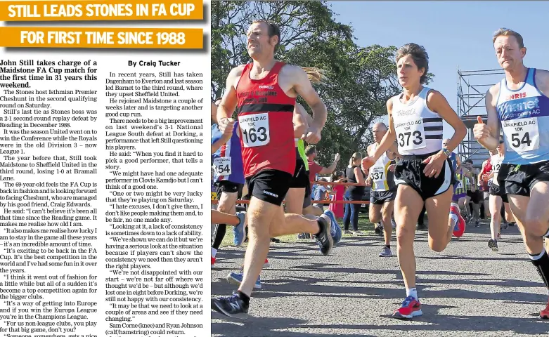  ?? Picture: Andy Jones FM16666715 ?? From left, Medway & Maidstone’s Adam Feathersto­ne, Tonbridge AC’s Tina Oldershaw and Thanet Roadrunner­s’ Chris Brenchley were part of a record field at Sunday’s Larkfield 10k. Report and more pictures, page 66
