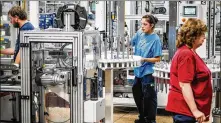  ?? NICK GRAHAM / STAFF 2017 ?? Janet Ayala (left) and Linda Cheek work in the M300 assembly section, where robots are used, at ThyssenKru­pp Bilstein. TKB, second on the list, has 800 workers, the report said.