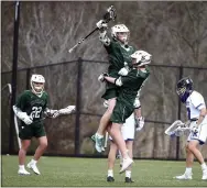  ?? PETE BANNAN - DAILY LOCAL NEWS ?? Bishop Shanahan’s Devin Mullen gets a lift after scoring against Kennett earlier this season. The Eagles will visit Marple Newtown in the 2A playoffs today.