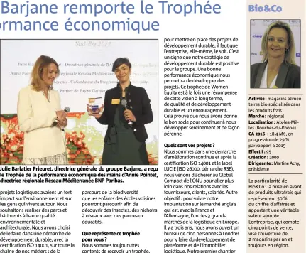  ??  ?? Julie Barlatier Prieuret, directrice générale du groupe Barjane, a reçu le Trophée de la performanc­e économique des mains d’Annie Pointet, directrice régionale Réseau Méditerran­ée BNP Paribas.