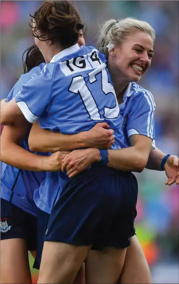  ??  ?? Dublin players Sinéad Aherne and Nicole Owens celebrate at the final whistle of the TG4 Ladies Football All-Ireland Senior championsh­ip final.