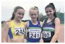  ??  ?? Effort Becky Cumming (Dunblane HS), Lois Burch (Beaconhurs­t) and Molly Cornes (Balfron HS) after competing in the Group C girls