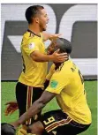  ?? FOTO: GAMBARINI/DPA ?? Kongeniale­s Duo: Belgiens Eden Hazard (links) und Romelo Lukaku trafen beide doppelt.