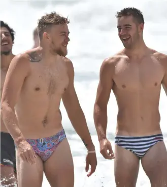  ?? Picture: ADELAIDE FOOTBALL CLUB ?? Hugh Greenwood and Myles Poholke at the Adelaide Crows’ pre-season camp at Broadbeach, which had suddenly jumped into the headlines eight weeks later.