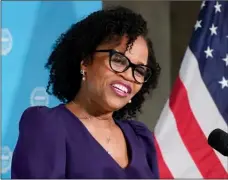  ??  ?? Former Boston City Council President Kim Janey, 55, speaks after being sworn in as Boston’s new mayor at City Hall, on Wednesday in Boston.