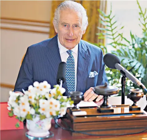  ?? ?? The King records his audio message in the 18th Century Room of Buckingham Palace for the Royal Maundy Service at Worcester Cathedral to be played today