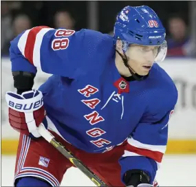  ?? JOHN MINCHILLO — THE ASSOCIATED PRESS ?? New York Rangers right wing Patrick Kane (88) waits for a face-off during the first period of an NHL hockey game against the Ottawa Senators, Thursday, March 2, 2023, in New York.