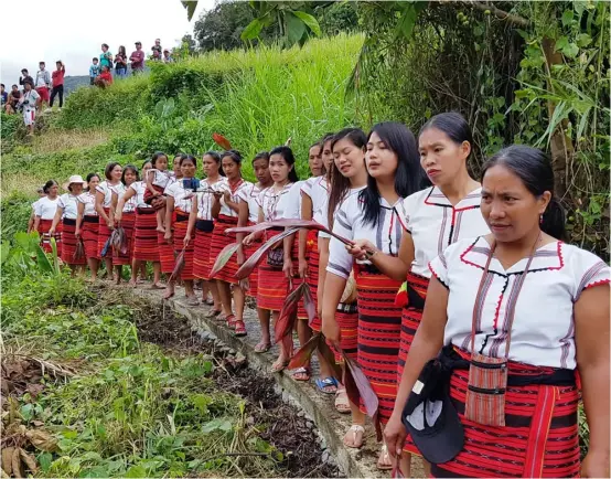  ?? ROEL HOANG MANIPON ?? WOMEN of Bgy. Baang troop to the Hapao River to participat­e in the punnuk. The Ifugao communitie­s of Hapao, Baang and Nungulunan hold the traditiona­l tug-of-war game and ritual punnuk at the Hapao River in Hungduan, Ifugao.