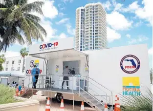  ?? SUSAN STOCKER/SOUTH FLORIDA SUN SENTINEL ?? People get free testing at an Aardvark Mobile Health COVID-19 testing truck on Monday at 73rd Street and Ocean Terrace in Miami Beach. The mobile unit can test up to 400 people per day from 9 a.m. to 4:30 p.m.