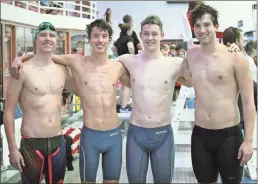  ?? Contribute­d ?? The Three Rivers Swim Club relay team of Nathan Medley (from left), Kenta Davis, AJ Williams and Samson Mumber pose for a photo.