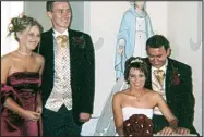  ??  ?? So happy: Jason and Mags Corbett on their wedding day, with Catherine Fitzpatric­k (left)