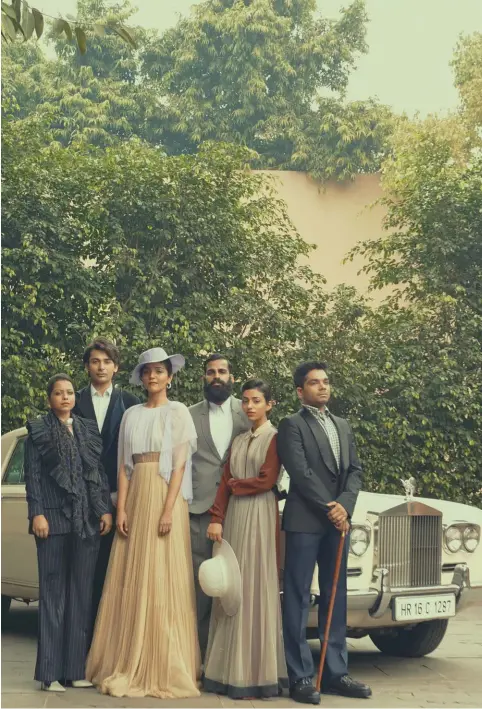  ??  ?? SHYMA SHETTY, DHRUV KAPUR, SHWETA KAPUR, PRANAV MISRA, RUCHIKA SACHDEVA, AND NIMISH
SHAH EMULATE THE CAST OF DOWNTON ABBEY On Shyma: Jacket and trousers, designer’s own. Shoes,
Antonio Marras. Scarf, ` 29,000, Dries Van Noten. Choker, price upon...