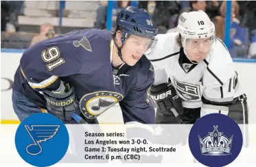  ??  ?? Season series: Los Angeles won 3-0-0. Game 1: Tuesday night, Scottrade Center, 6 p.m. (CBC)