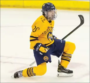  ?? Photo courtesy of Quinnipiac University Athletics ?? Lincoln native Matt Fawcett scored his first career goal and picked up his first assist in Quinnipiac’s 9-2 victory over neighbor Sacred Heart last week.
