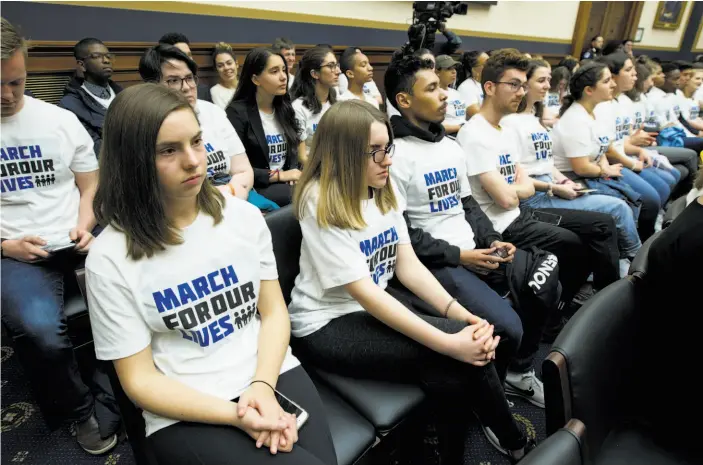  ?? Jose Luis Magana / Associated Press ?? Students who attended the March for Our Lives against firearms this month listen on Capitol Hill to a House Judiciary Committee hearing on gun violence.