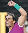  ?? ?? RAFAEL Nadal of Spain celebrates winning his quarter-final match against Denis Shapovalov of Canada at the Australian Open. | DEAN LEWINS EPA