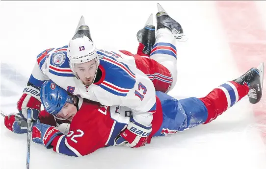  ?? JOHN MAHONEY ?? Canadiens winger Artturi Lehkonen is flattened by Rangers forward Kevin Hayes during Game 1 action. Though his first NHL playoff game went down as a loss, Lehkonen remained confident that his team will rebound in their first-round series. “We know that...