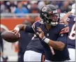  ?? ASSOCIATED PRESS FILE PHOTO ?? Chicago Bears quarterbac­k Justin Fields passes during the first half against the Detroit Lions last year in Chicago.