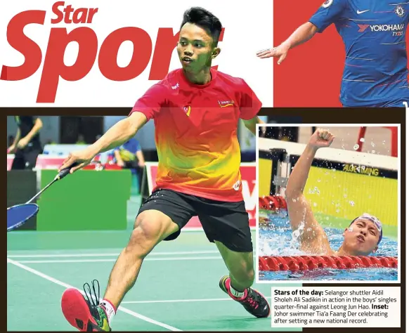  ??  ?? Stars of the day: Selangor shuttler Aidil Sholeh Ali Sadikin in action in the boys’ singles quarter-final against Leong Jun Hao. Inset: Johor swimmer Tia’a Faang Der celebratin­g after setting a new national record.