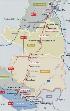  ?? GRAFIK: DEUTSCHE BAHN AG ?? Auf rund 125 Kilometern wird die Bahnstreck­e zwischen Ulm und Lindau elektrifiz­iert.