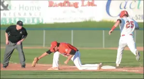  ?? NEWS PHOTO SEAN ROONEY ?? Colton Wright of the Medicine Hat Mavericks is out by a step as the Okotoks Dawgs' Kody Funderburk makes the play at first base Thursday at Athletic Park.