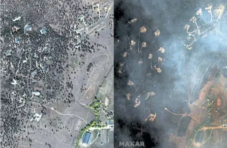  ?? Satellite image provided by © 2020 Maxar Technologi­es) ?? A composite of two satellite images shows homes on Mountain Ridge Road before, left, and after, right, the 2020 CalWood fire in Boulder County.