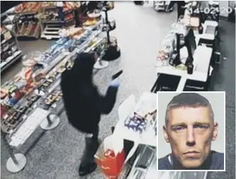  ??  ?? CCTV footage shows David Parkin, also inset, armed with an imitation gun in the aisles of the J&H Local store.