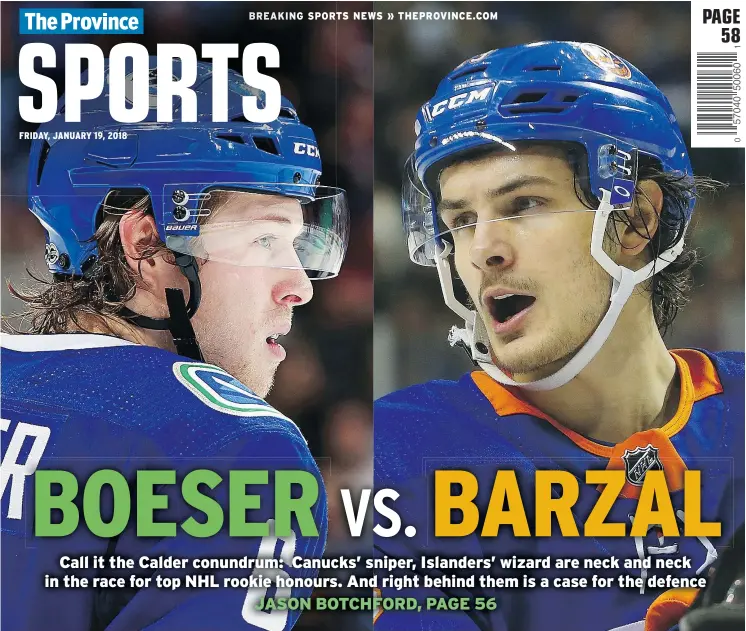  ?? — GETTY IMAGES ?? Brock Boeser leads all NHL freshmen with 22 goals, but his 40 points put him seven behind Mathew Barzal’s total — before Thursday’s Islanders game against Boston.