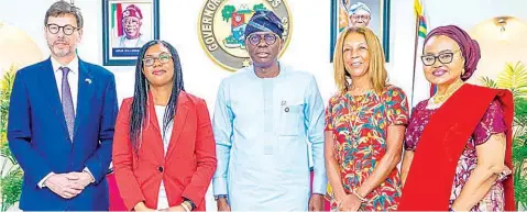  ?? ?? British Deputy High Commission­er in Lagos, Jonny Baxter ( left); British Secretary of State for Business and Trade, Kemi Badenoch; Lagos State Governor, Babajide Sanwo- Olu; His Majesty Trade Envoy to Nigeria, Helen Grant and Secretary to Lagos State Government, Abimbola Salu- Hundeyin, during a courtesy call by the British Trade Secretary to Lagos House in Marina… yesterday.