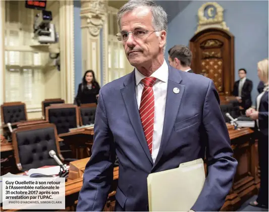  ?? PHOTO D’ARCHIVES, SIMON CLARK ?? Guy Ouellette à son retour à l’assemblée nationale le 31 octobre 2017 après son arrestatio­n par L’UPAC.