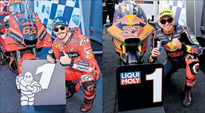  ?? ?? Francesco Bagnaia y Augusto Fernández, principale­s candidatos a los títulos de MotoGP y Moto2 en el final de Valencia, celebran unas de sus poles durante la presente temporada.