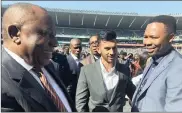  ??  ?? SEAS: President Cyril Ramaphosa with Durand Naidoo and Thuso Mhlambi. The two are the first 100% black shipowners in South Africa.