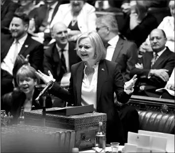  ?? JESSICA TAYLOR / UK PARLIAMENT VIA ASSOCIATED PRESS ?? Britain’s new Prime Minister Liz Truss speaks Wednesday in the House of Commons in London.