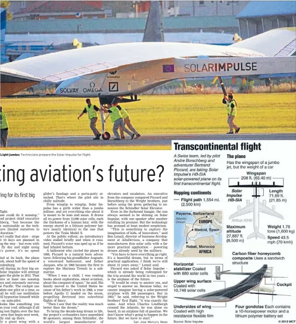  ?? Photos: MCT ?? Light jumbo: Technician­s prepare the Solar Impulse for flight.
San Jose Mercury News