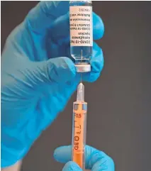  ?? CHRIS JACKSON/ GETTY IMAGES ?? Inoculatio­n: A shot of the Oxfordastr­azeneca Covid-19 vaccine is prepared for use