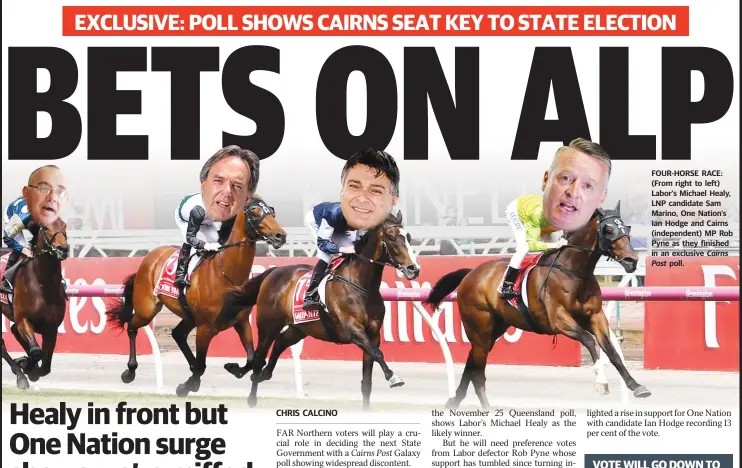  ??  ?? FOUR-HORSE RACE: (From right to left) Labor’s Michael Healy, LNP candidate Sam Marino, One Nation’s Ian Hodge and Cairns (independen­t) MP Rob Pyne as they finished in an exclusive Cairns Post poll.