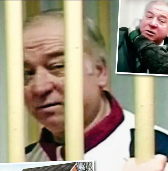  ??  ?? Destined for the gulag: Sergei Skripal in the dock in Moscow and (top right) at the moment of his arrest by the FSB in 2004. Left, his home in Salisbury