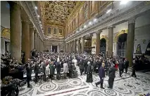 ?? PHOTO: AP ?? Pope Francis, white figure at centre, arrives for a meeting with the Sant’Egidio community, on the occasion of the 50th anniversar­y of its foundation.