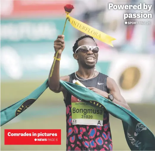  ?? Picture: Michel Bega ?? Bongmusa Mthembu celebrates as he crosses the line yesterday at Moses Mabhida Stadium in Durban to win the Comrades Marathon. He later said he was inspired by his love for the sport, rather than financial incentives.