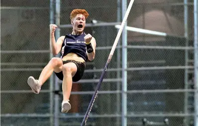  ?? AP Photo/Mary Altaffer ?? ■ Rhett Nelson, a junior at Trinity Christian in Texarkana, celebrates after clearing the bar during the Junior Boys’ Flying Circus Elite Pole Vault competitio­n in the Millrose Games track and field meet Saturday in New York. Rhett was ranked No. 3 in the country when he was a high school freshman.
