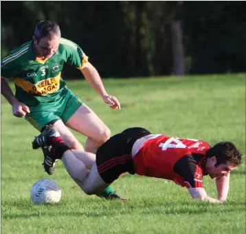  ??  ?? Annacurra’s Ciaran Byrne tangles with Coolkenno’s Paul Murphy during the Arklow Bay Hotel Division 1A clash in Coolkenno last Friday evening. Photo: Joe Byrne