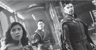  ?? MARVEL STUDIOS ?? Xochitl Gomez, from left, as America Chavez, Benedict Wong as Wong, and Benedict Cumberbatc­h as Dr. Stephen Strange star in “Doctor Strange in the Multiverse of Madness.”